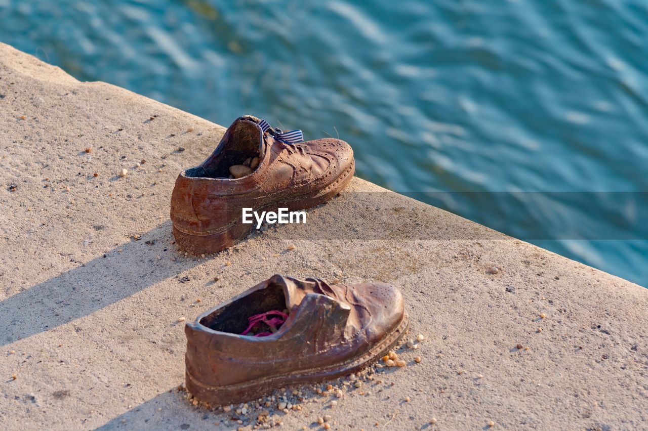 High angle view of abandoned shoes on beach