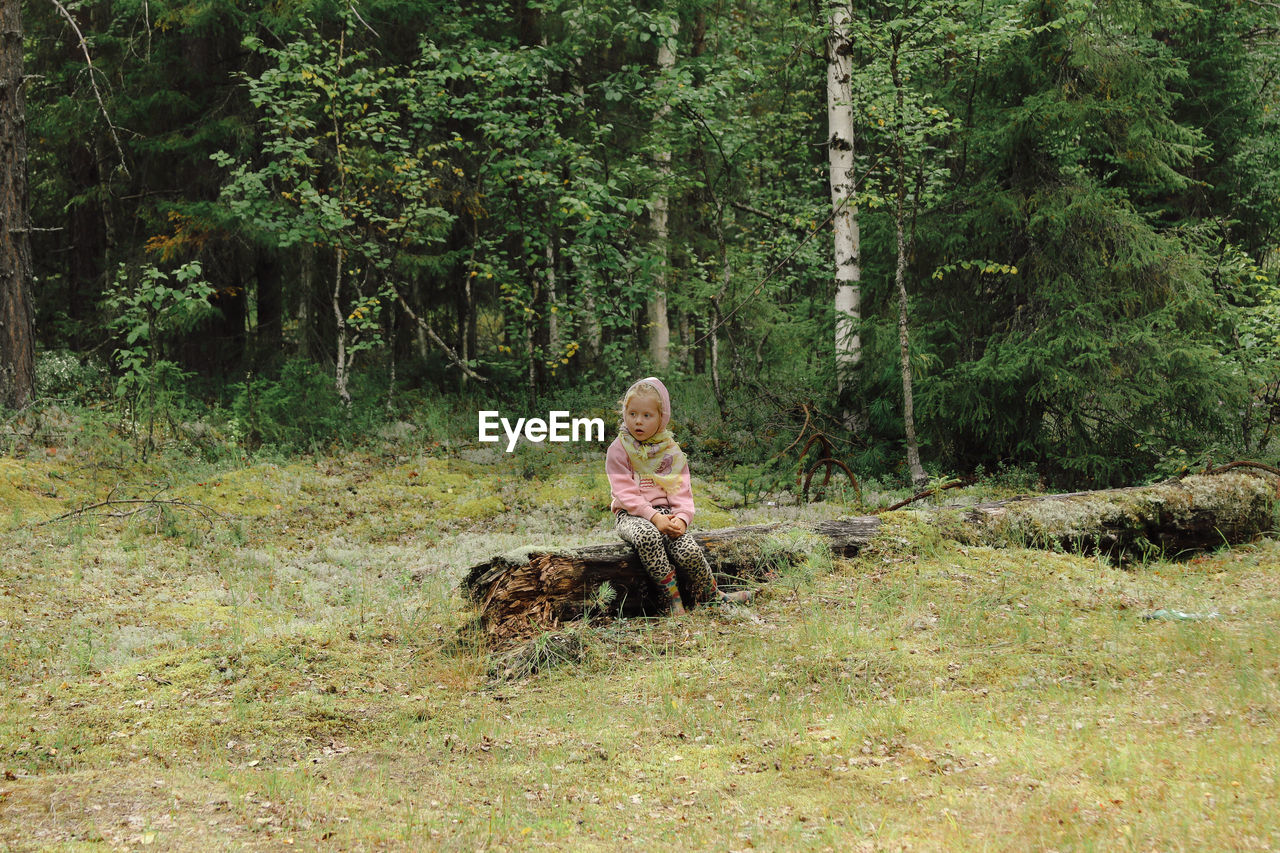 Little girl in casual clothes walks in the taiga forest