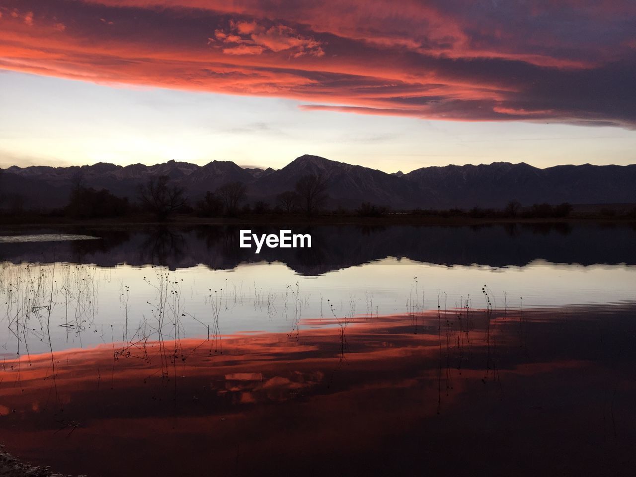 Scenic view of lake against cloudy sky