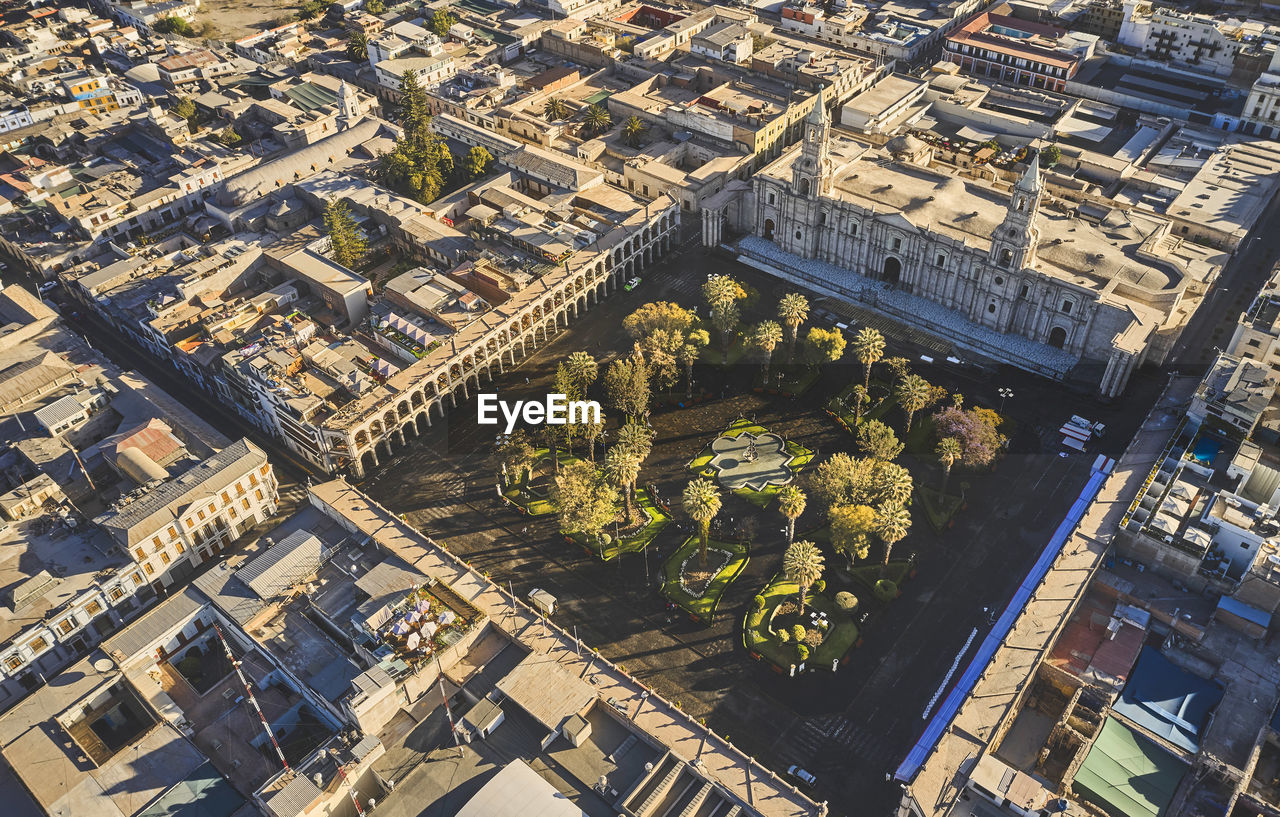 Top view of arequipa main square and cathedral church. arequipa, peru.