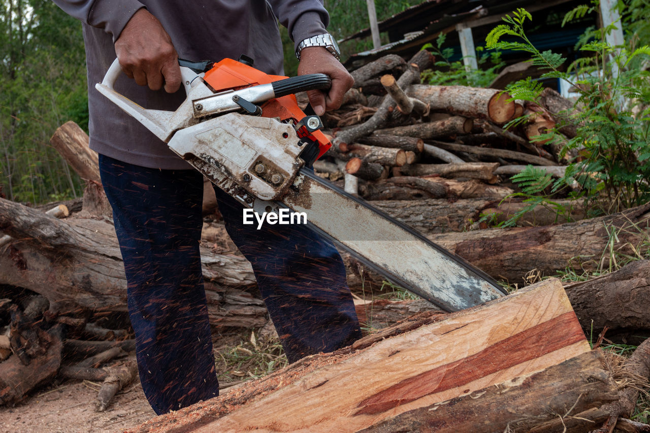 MAN WORKING ON WOOD WITH FOREST