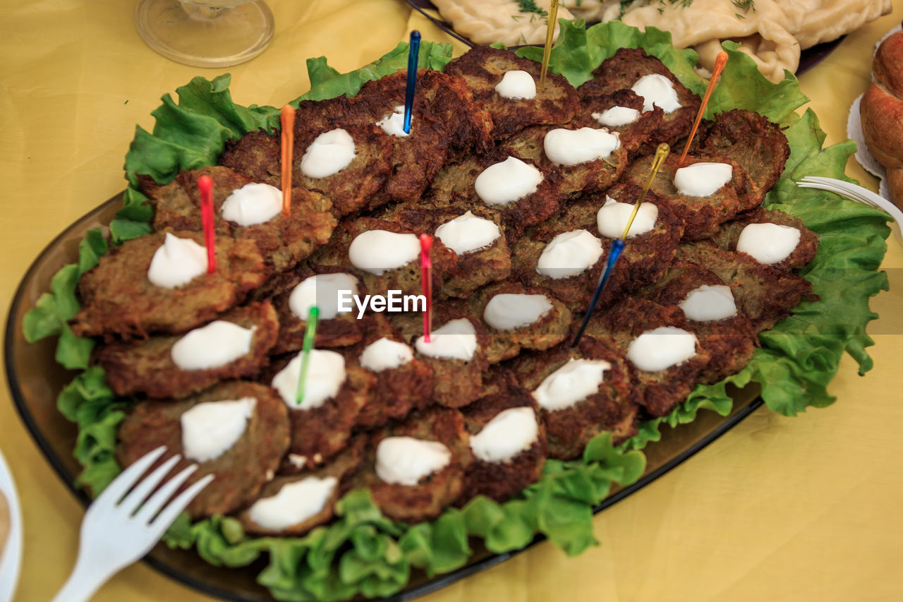 High angle view of potato tortillas on table