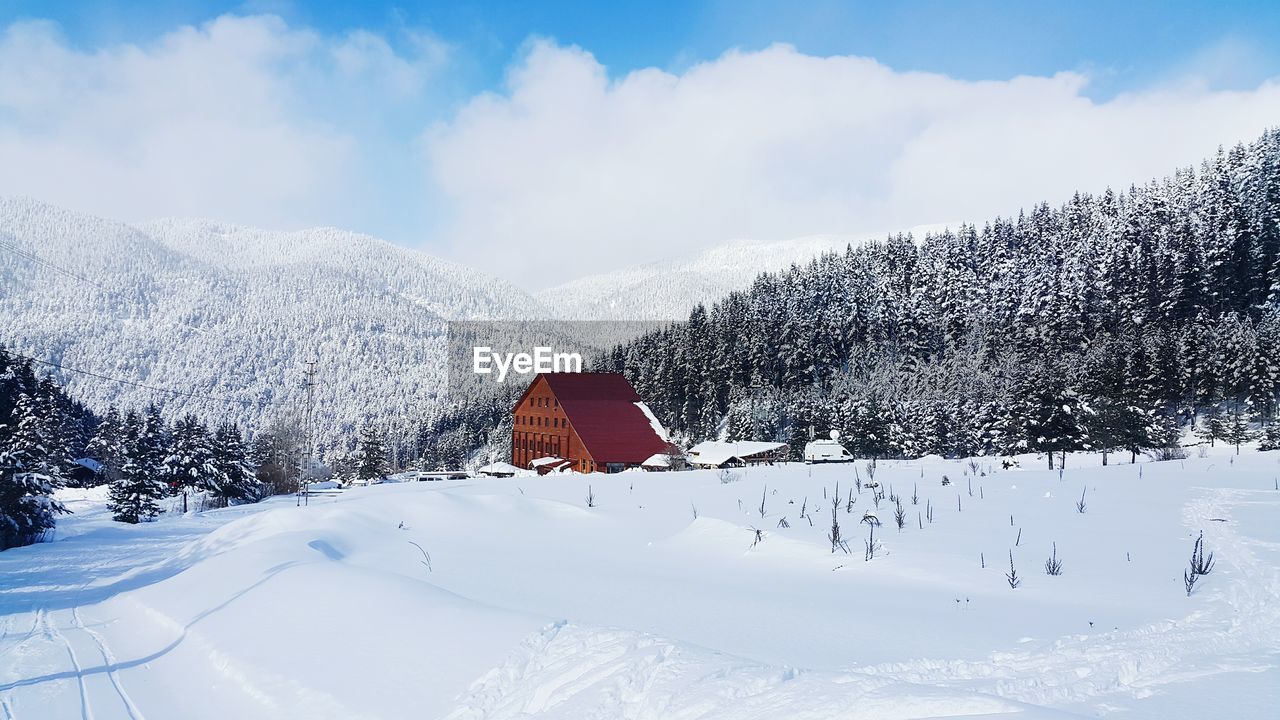 Snow covered landscape against sky