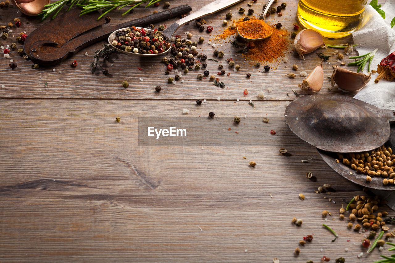 Directly above shot of various spices on table