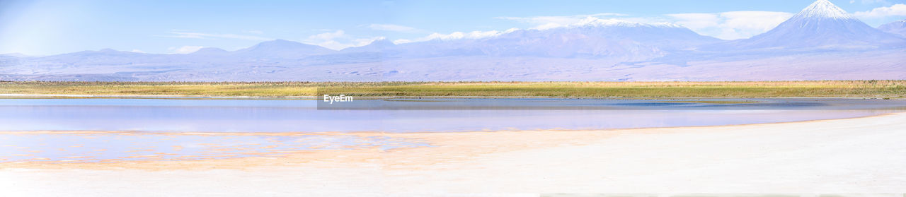 Scenic view of lake by snowcapped mountains against sky