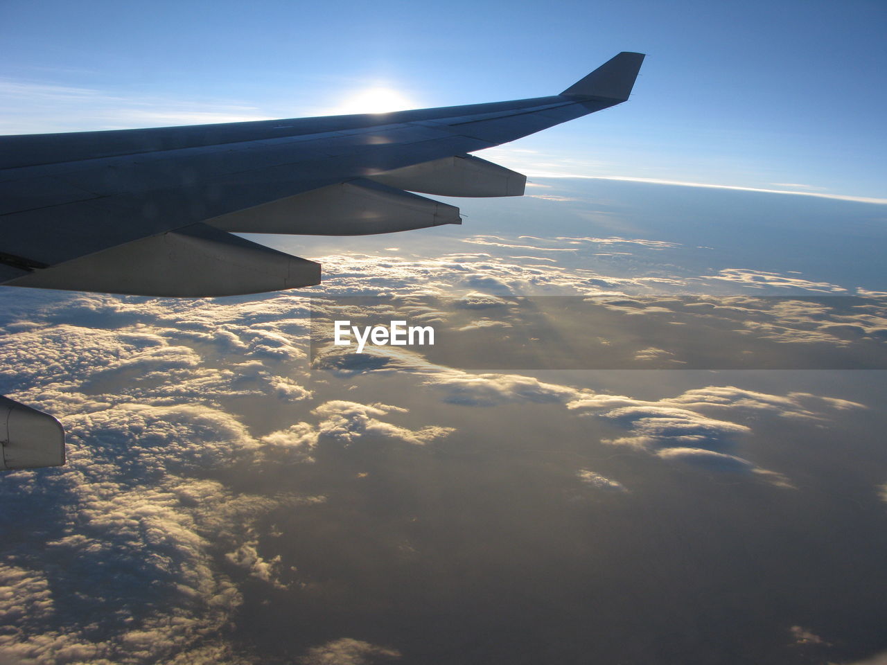 Cropped image of aircraft wing flying in sky