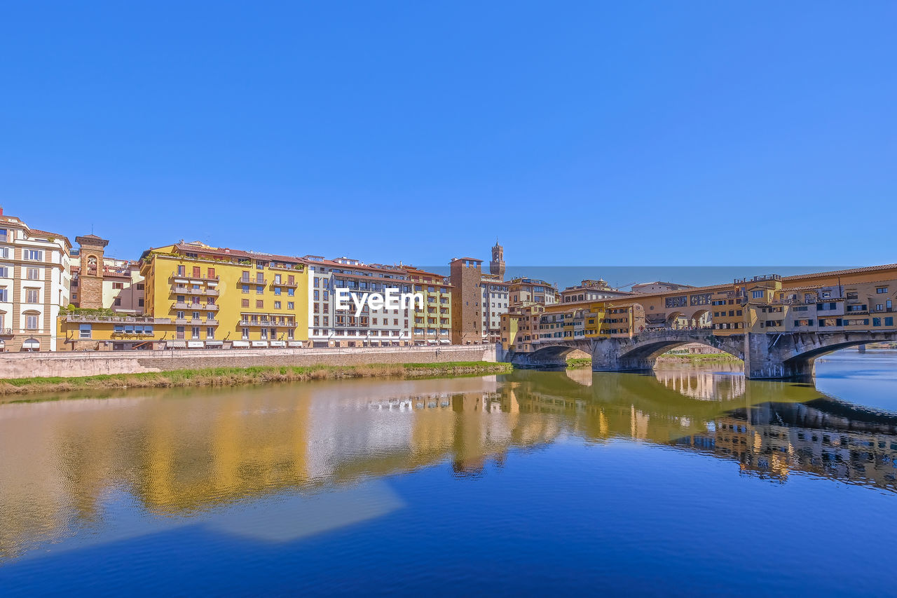 BRIDGE OVER RIVER BY BUILDINGS AGAINST BLUE SKY