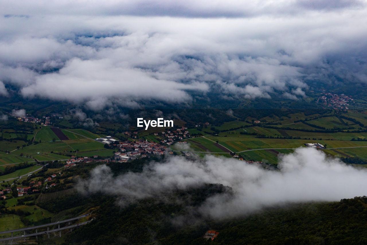 High angle view of land against sky