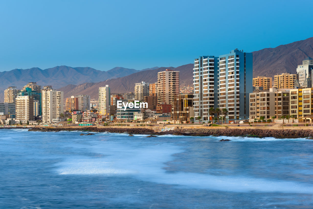 Panoramic view of the coastline of antofagasta, the biggest city in the mining region of chile.