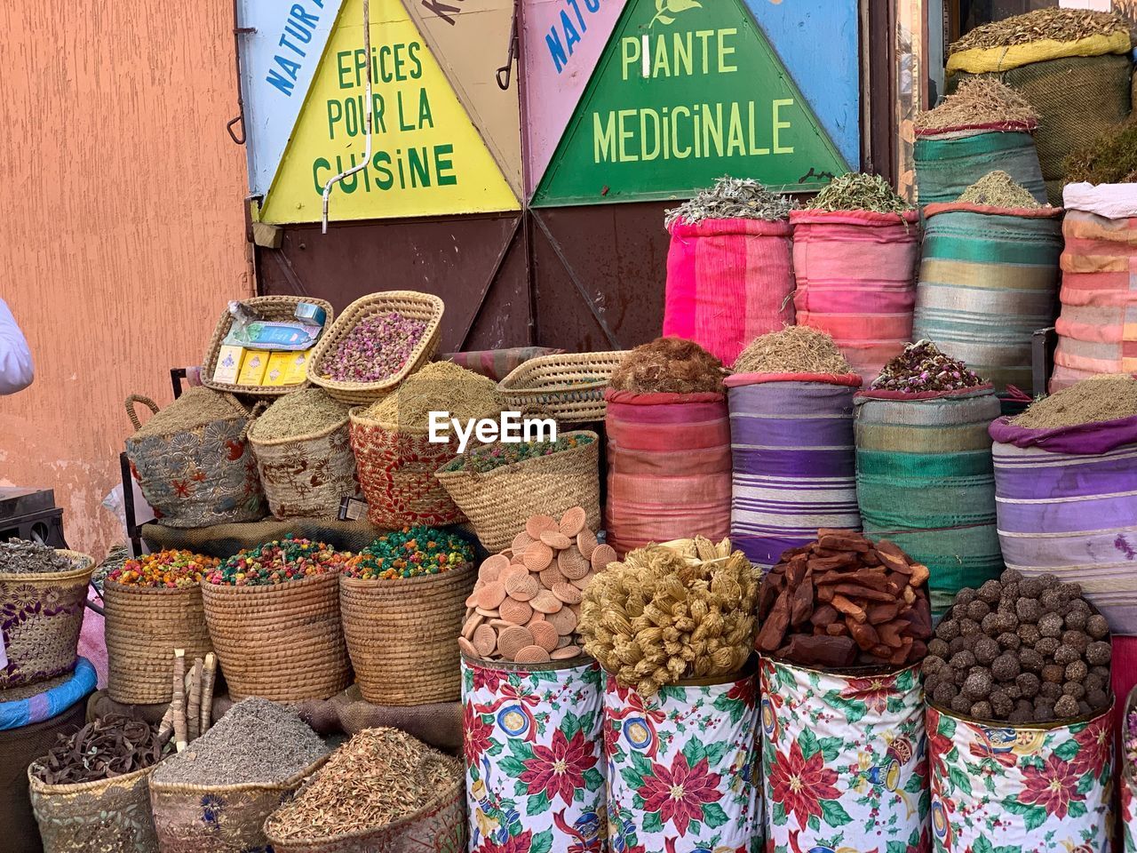 Various food in sacks for sale at market