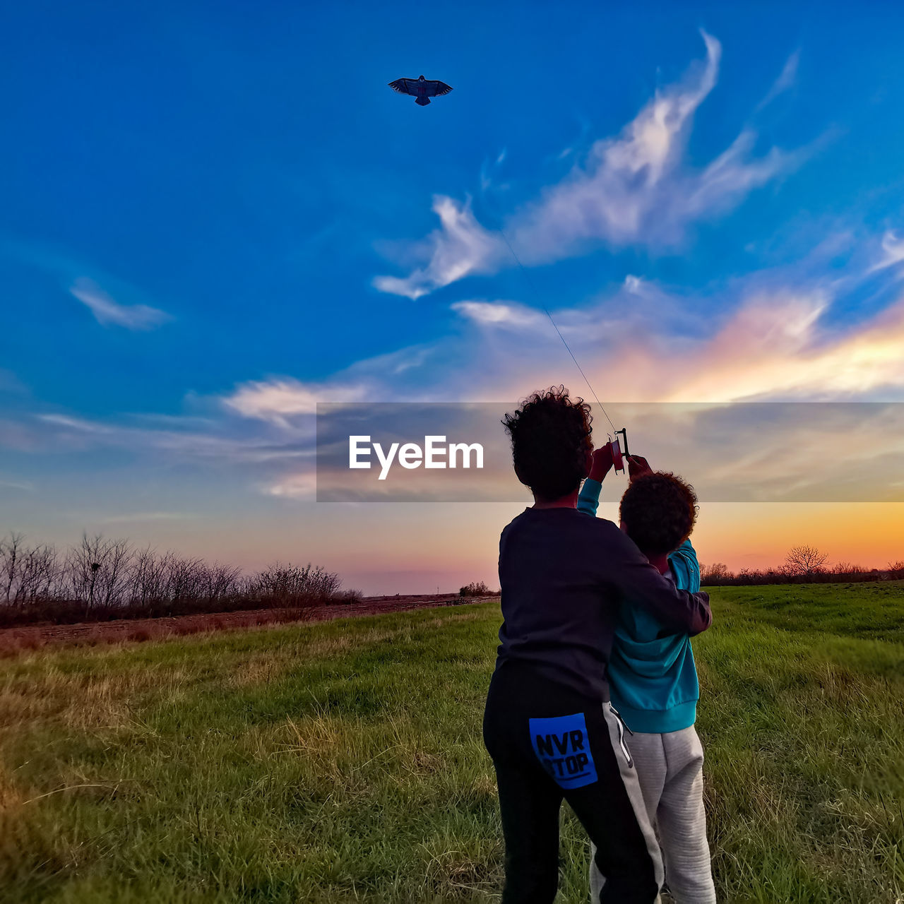 Rear view of kids flying kites against sky