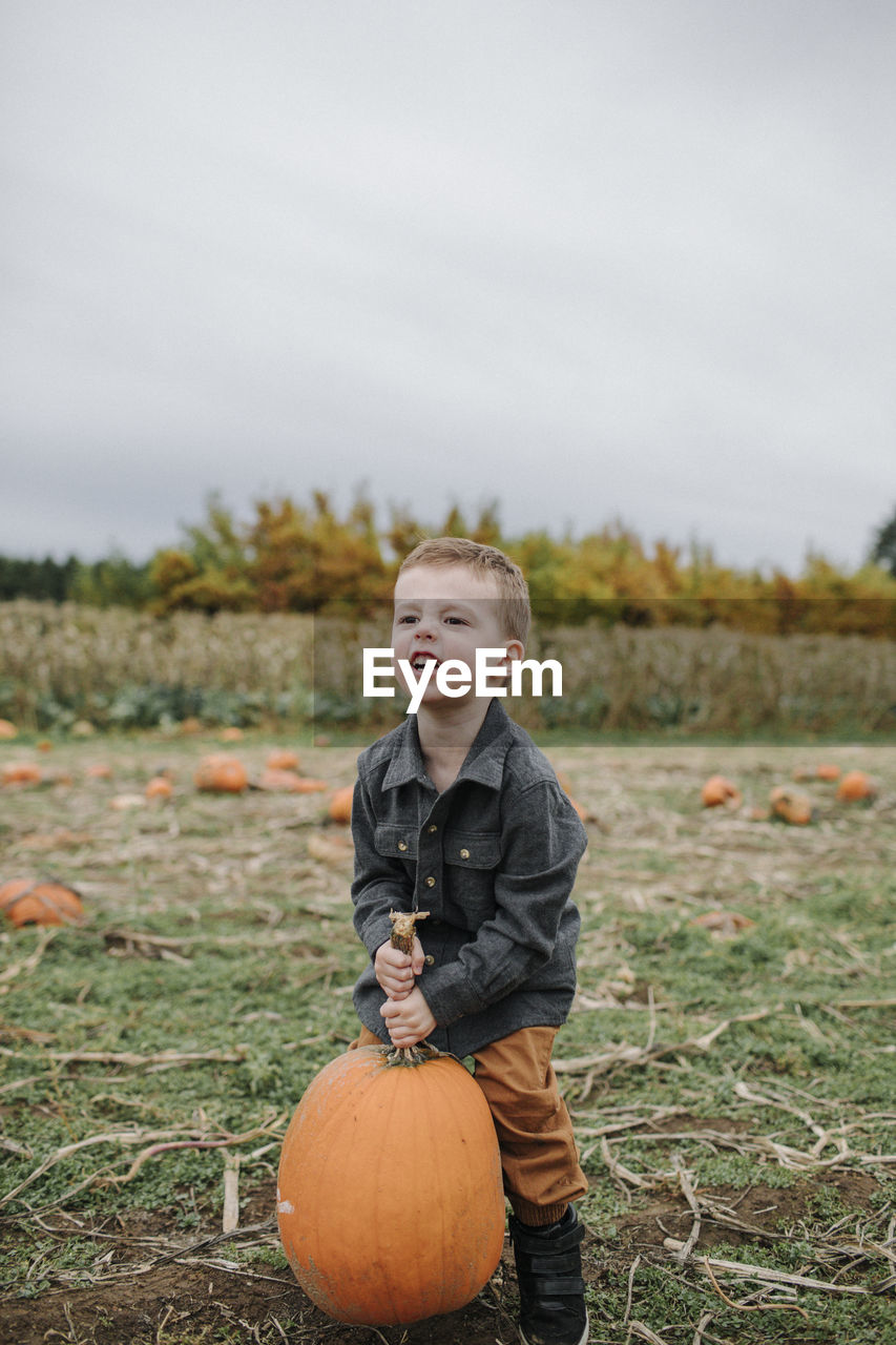 Cute boy lifting heavy pumpkin while standing on field