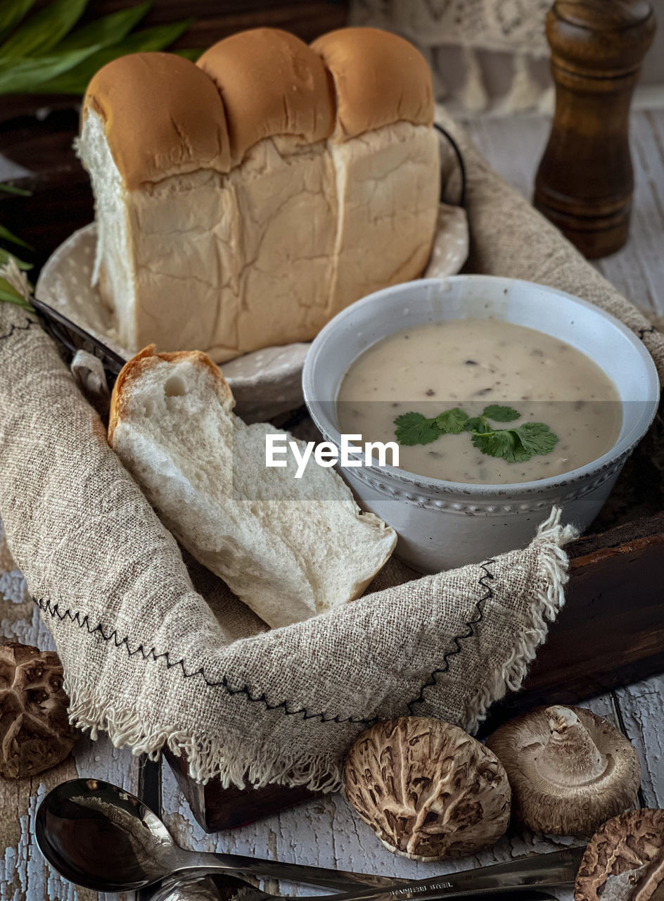High angle view of soup in bowl on table