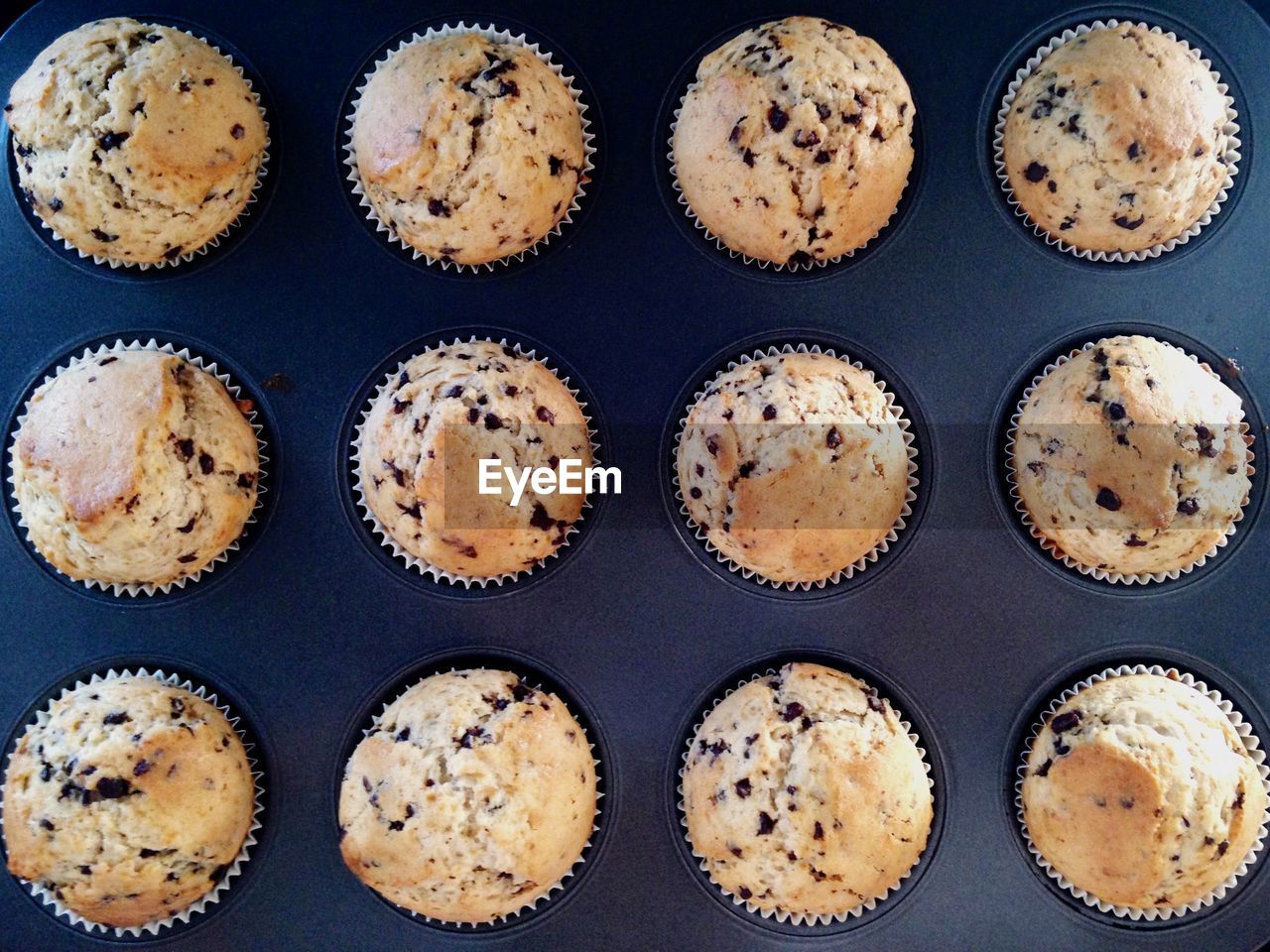 High angle view of muffins in baking tray
