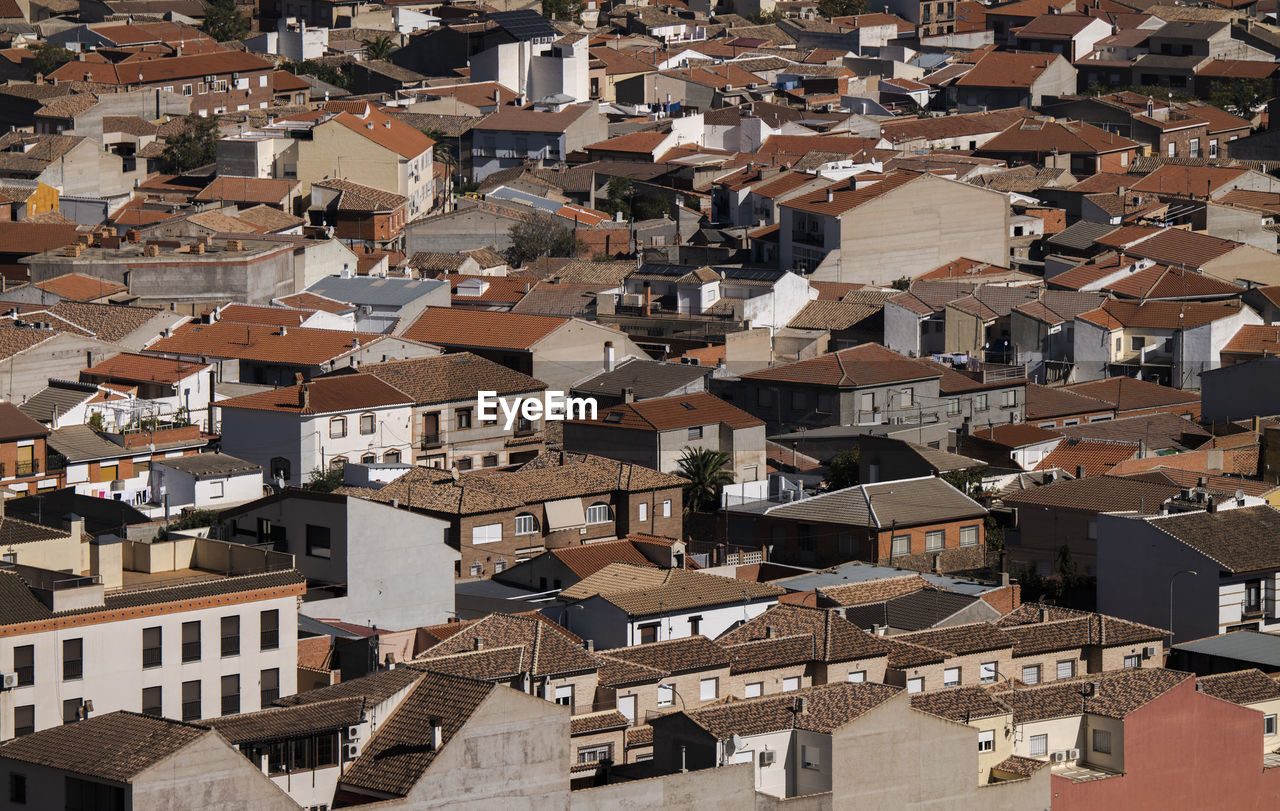 Aerial view of small town, consuegra, castilla la mancha, spain