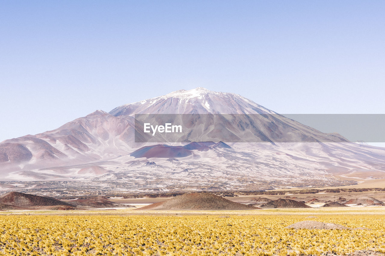 Scenic view of snowcapped mountains against clear blue sky