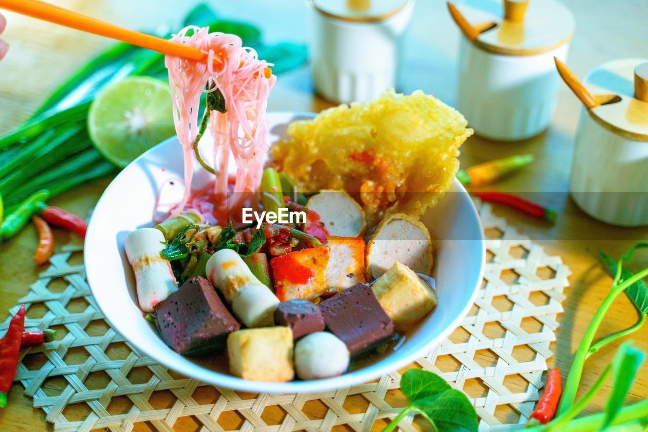 high angle view of food in bowl on table