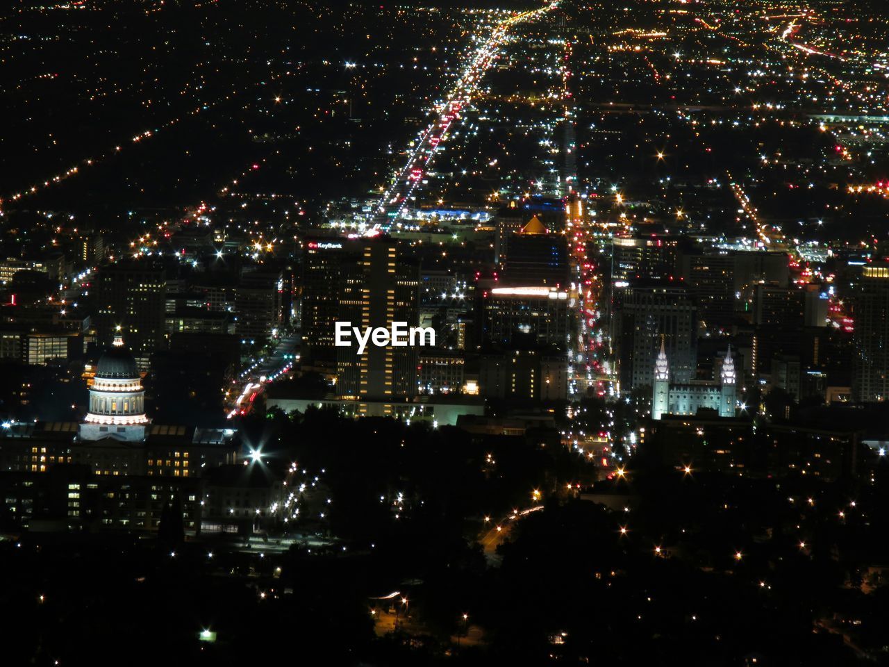 High angle view of illuminated city at night