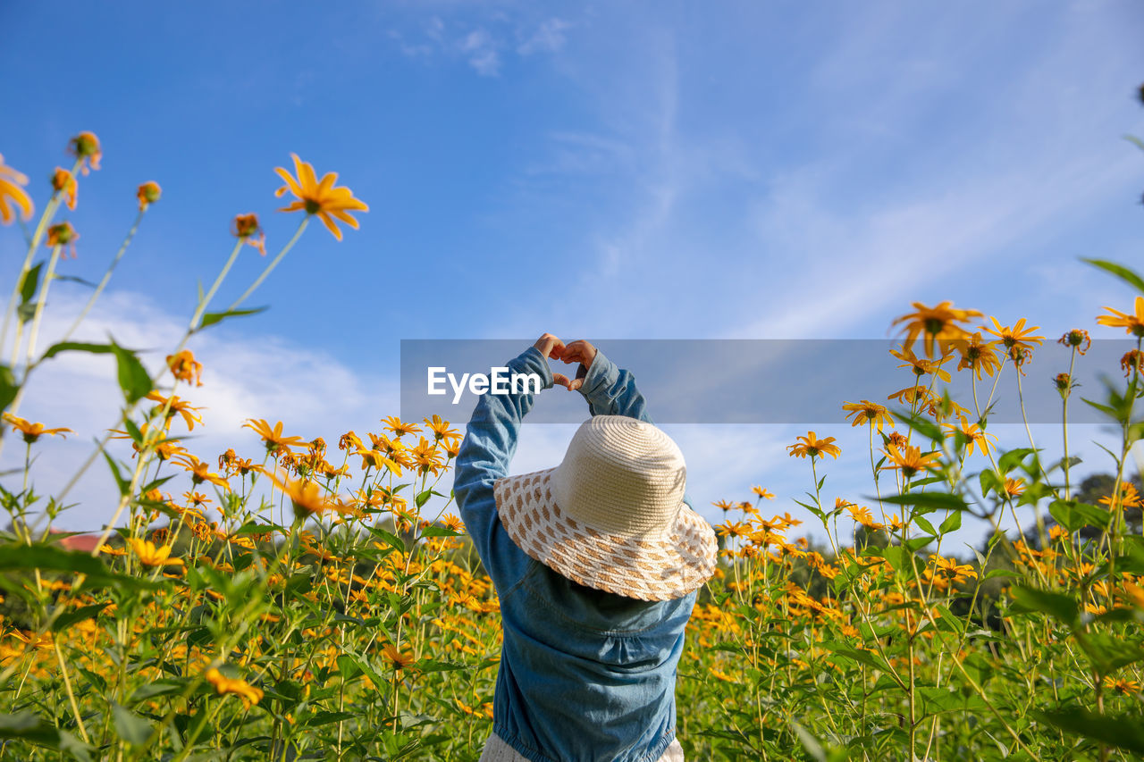 Rear view of girl making heart shape with hands while standing by flowering plants against sky