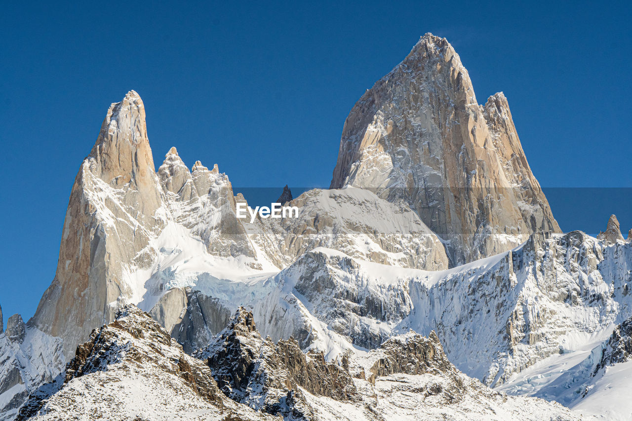 Scenic view of fitz roy against clear blue sky
