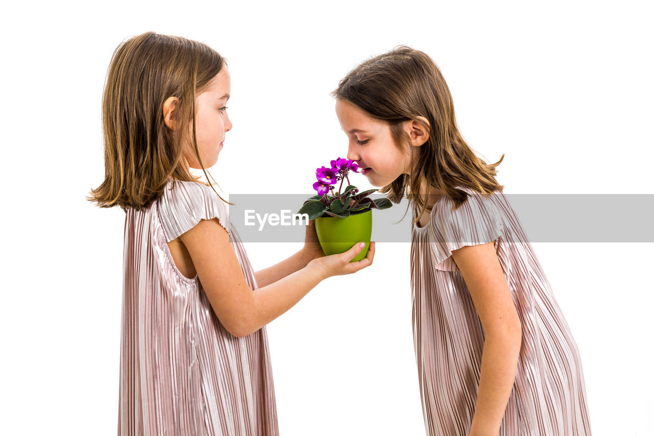 Side view of girl smelling flower held by sister against white background
