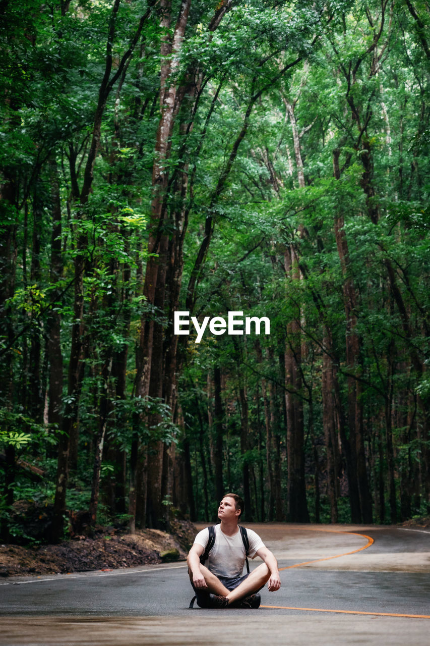 Man looking away while sitting on road amidst trees