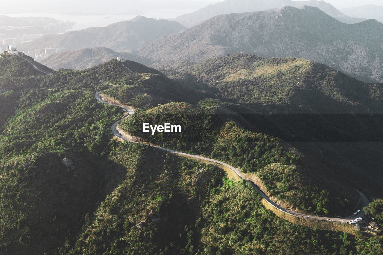 High angle view of road amidst mountains