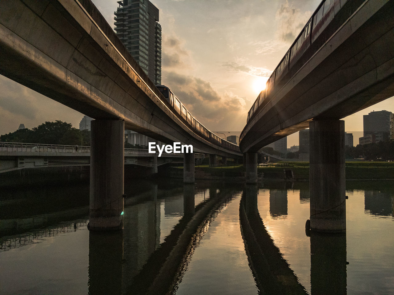 Bridge over river at sunset