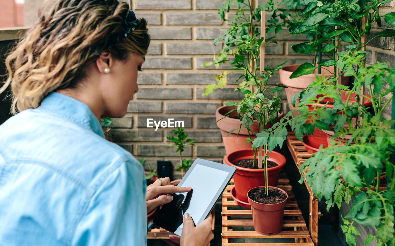 Woman touching digital tablet while caring plants of urban garden on terrace