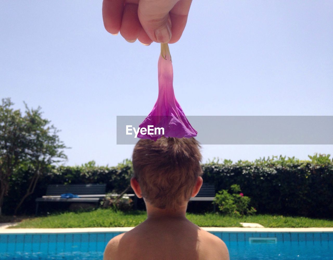 Optical illusion of person holding flower over head of shirtless boy at swimming pool