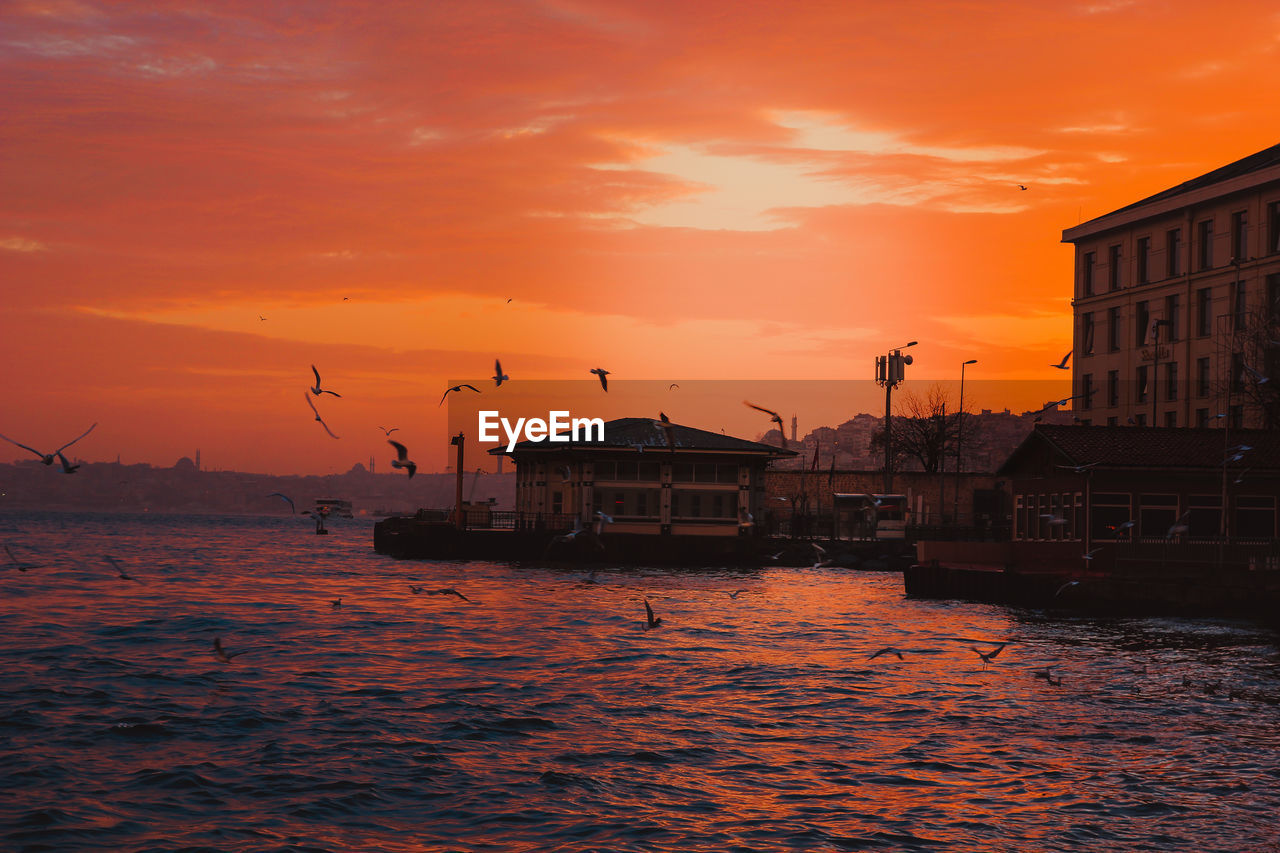 Scenic view of sea against orange sky