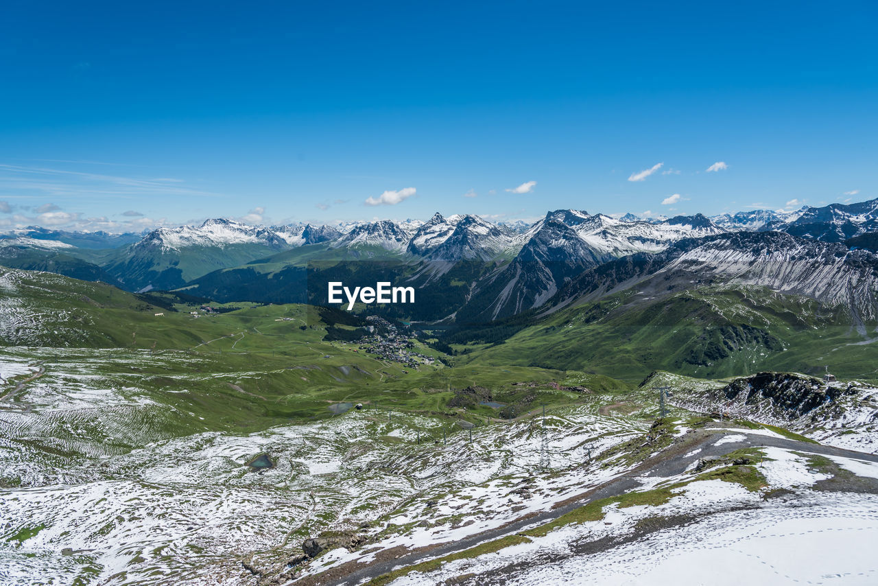 Scenic view of mountains against blue sky