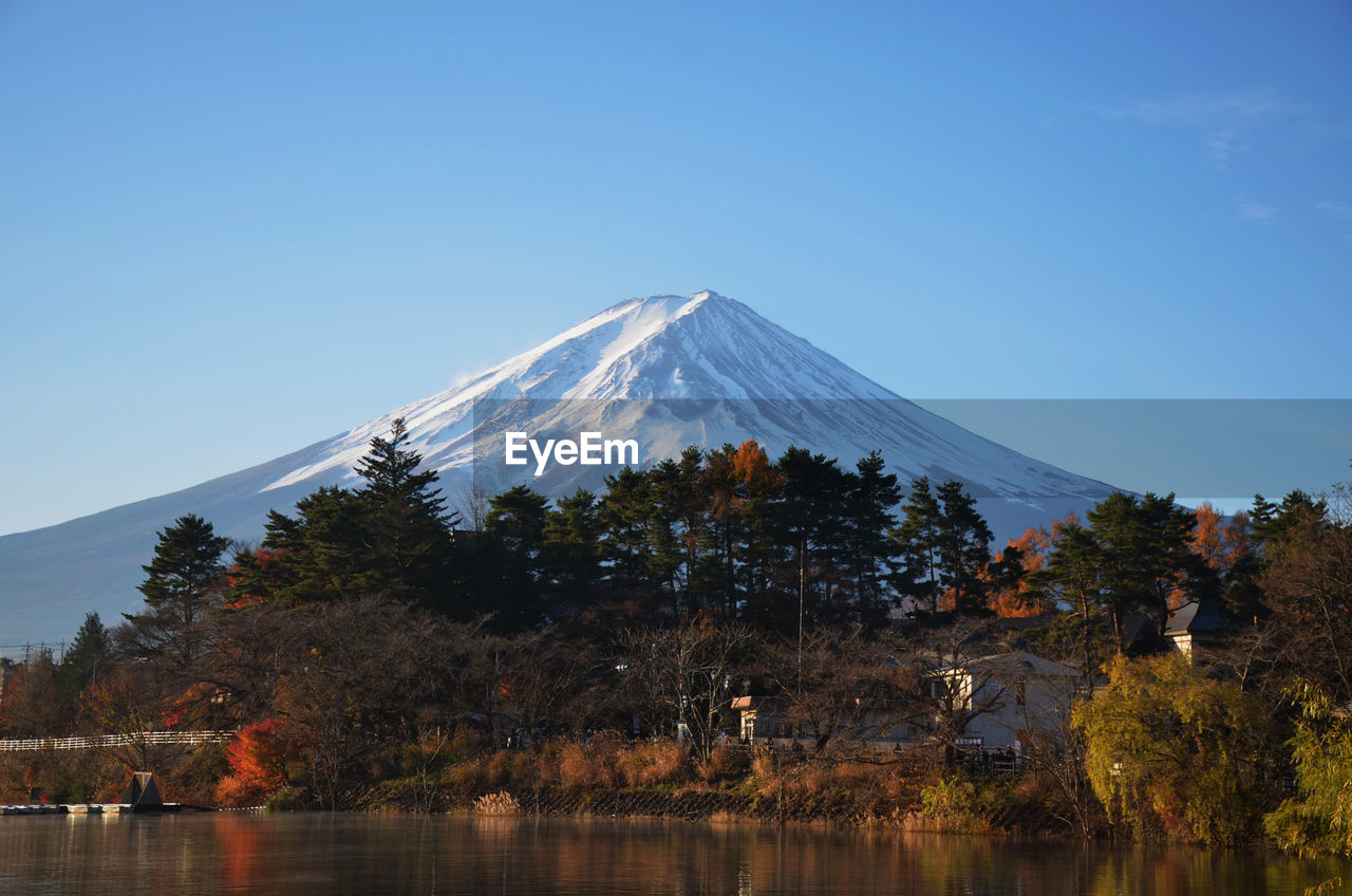 Scenic view of snowcapped mountains against clear blue sky