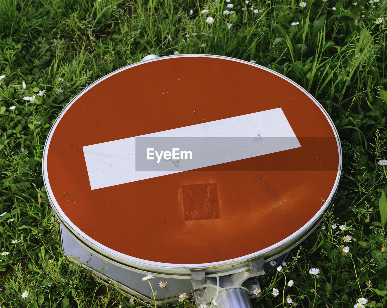 High angle view of sign on field