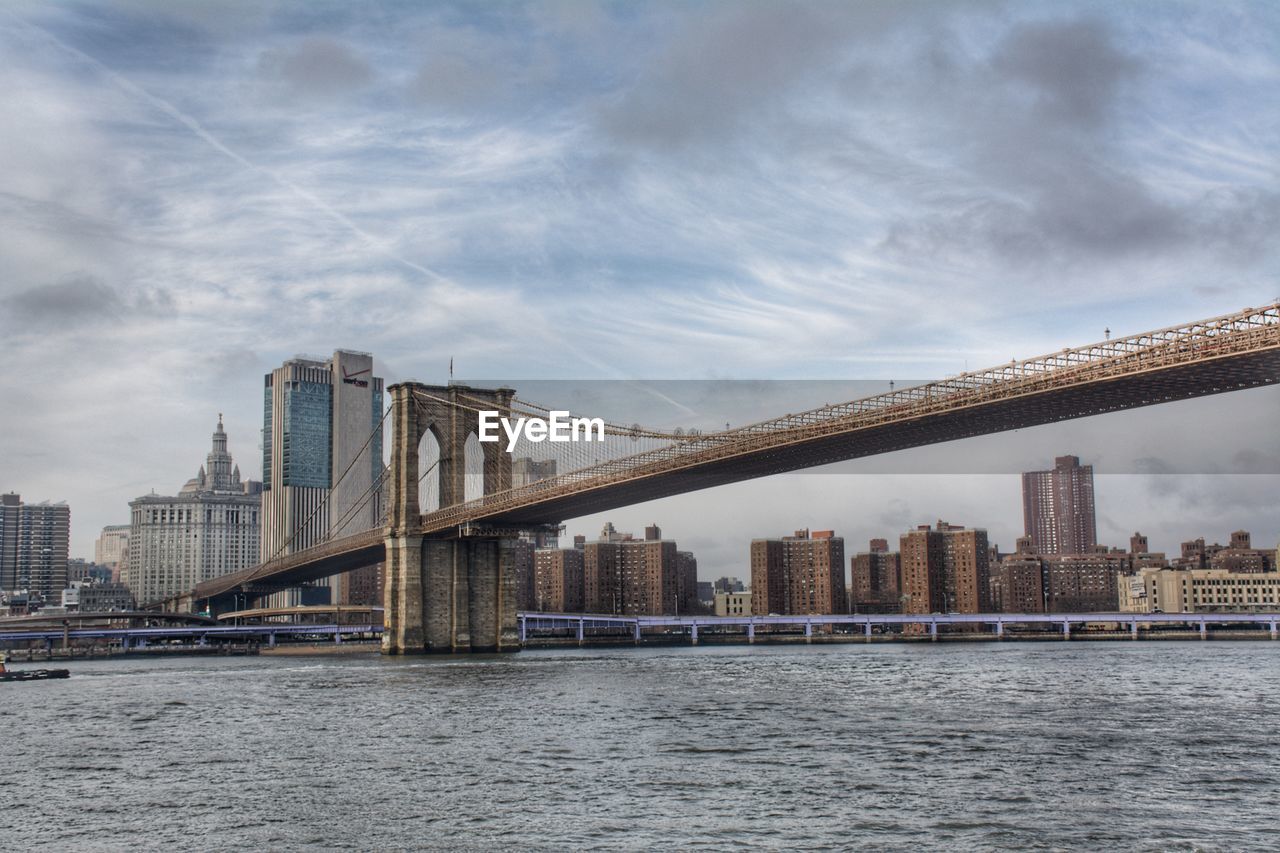 Bridge over river by buildings against sky in city