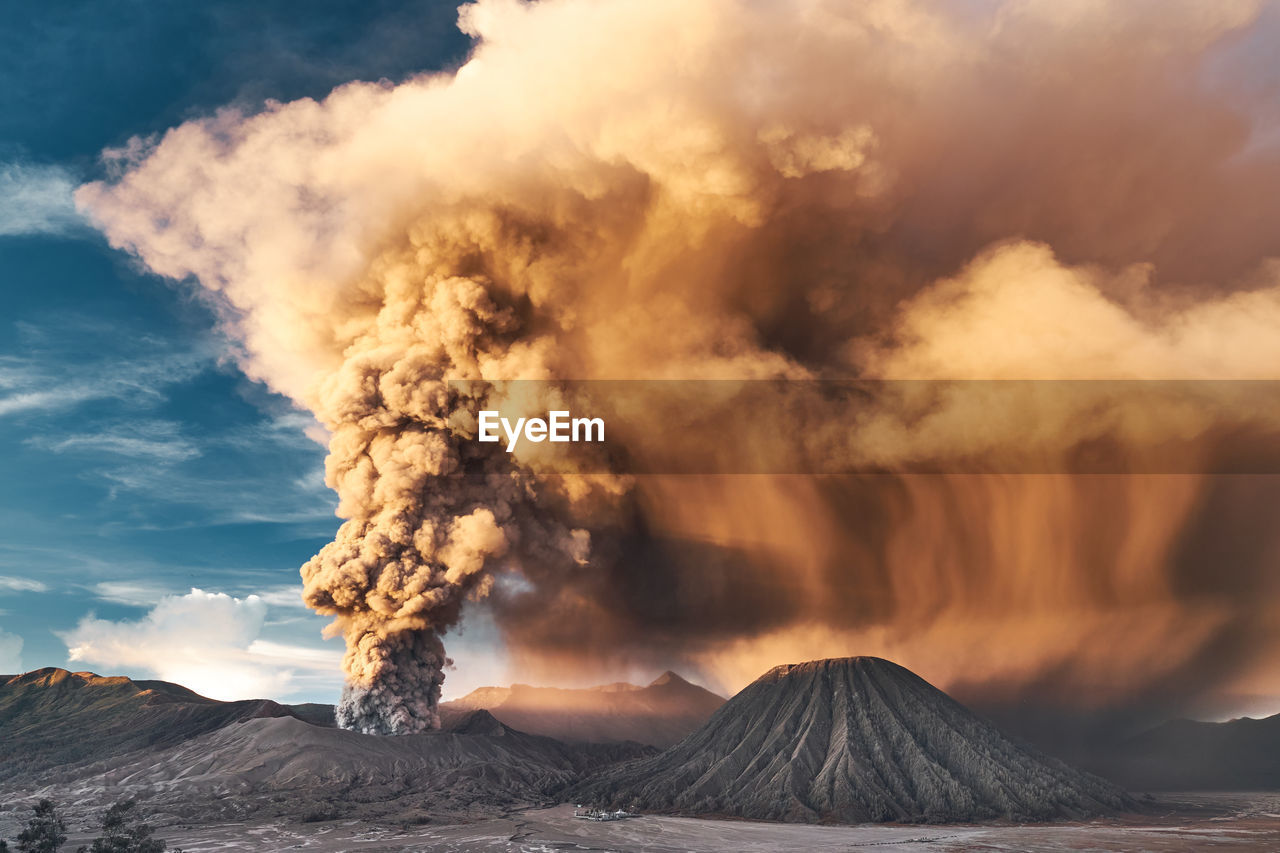 Volcano eruption of mount bromo. light of the sunrise kissed of mount bromo fume on 17 january 2016