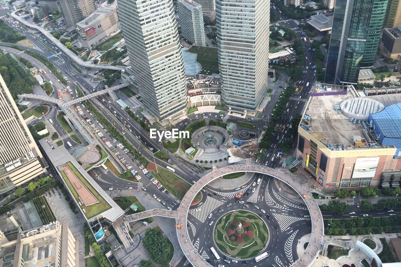 High angle view of roads amidst buildings in city