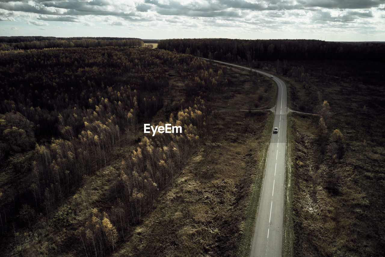 Drone view of car driving on narrow asphalt roadway between fields with tall trees in grove in nature against cloudy sky