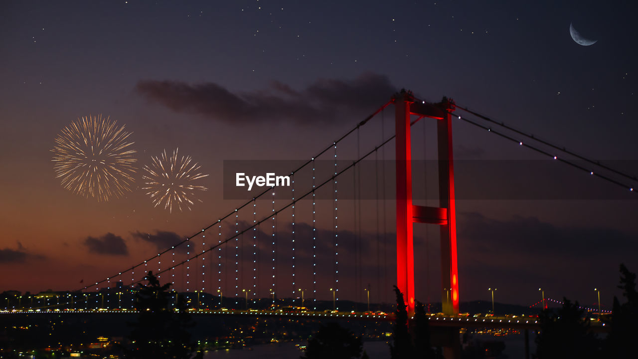 Amazing night firework at bosphorus bridge istanbul, 15 july turkey democracy and national unity day