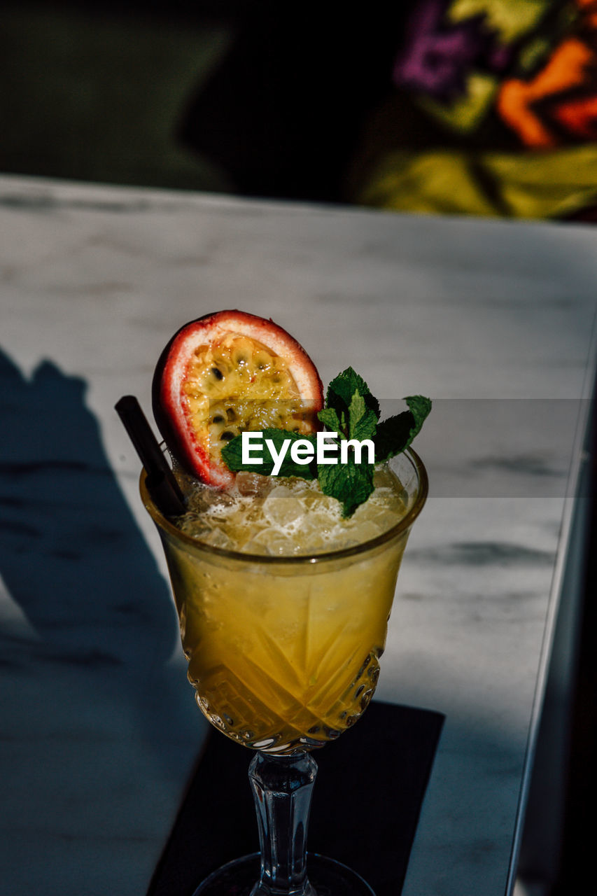 High angle view of drink on table