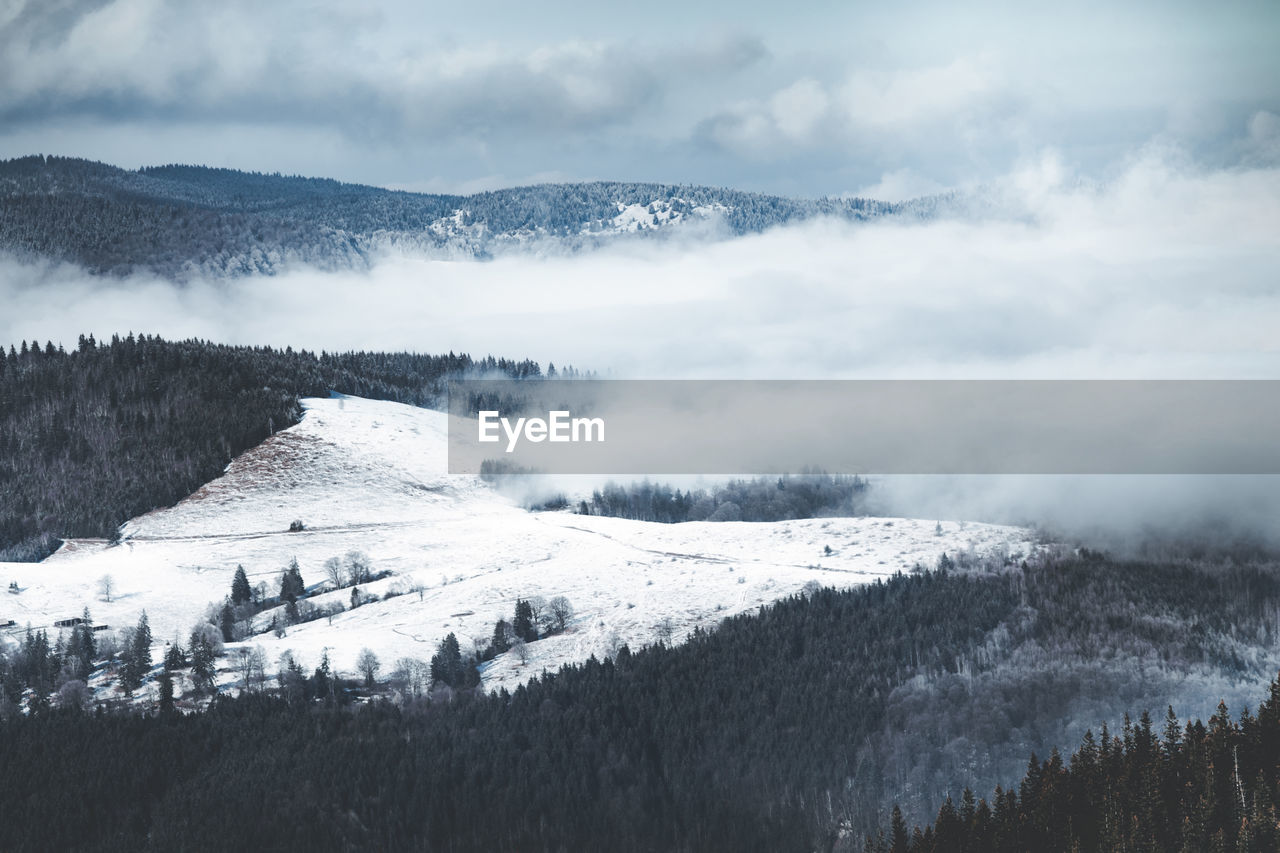 Scenic view of snow covered mountains against sky