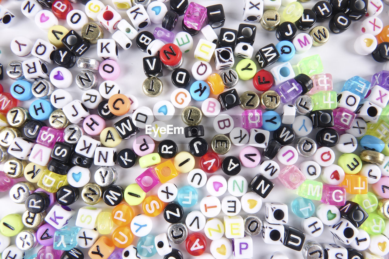 Full frame shot of colorful alphabet beads