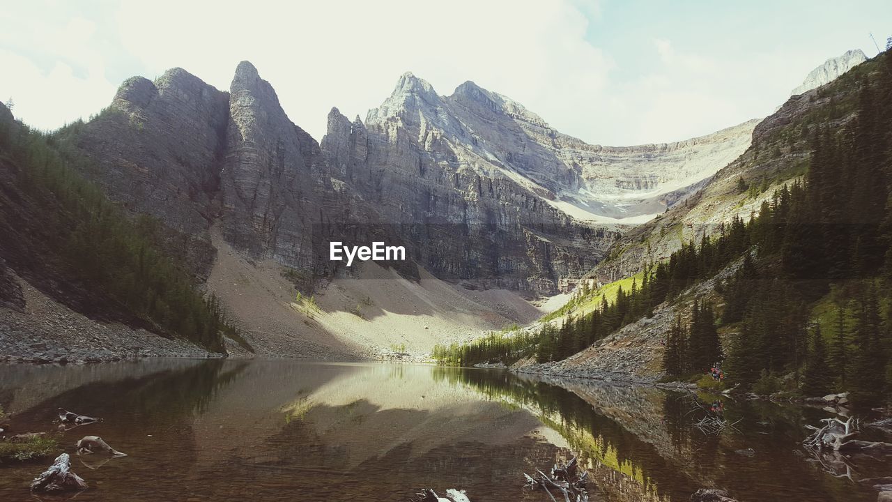 Scenic view of lake and mountains against sky