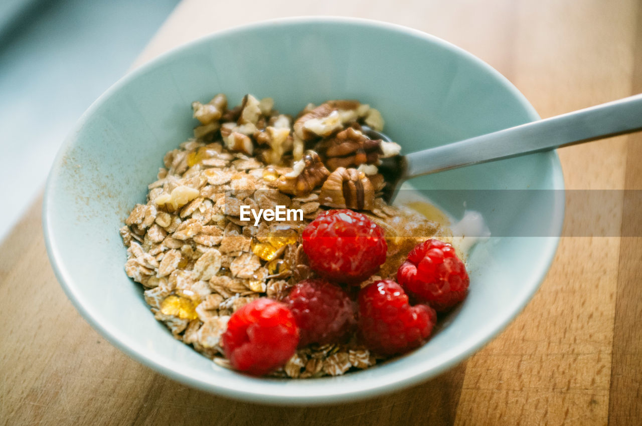 High angle view of breakfast in bowl on table