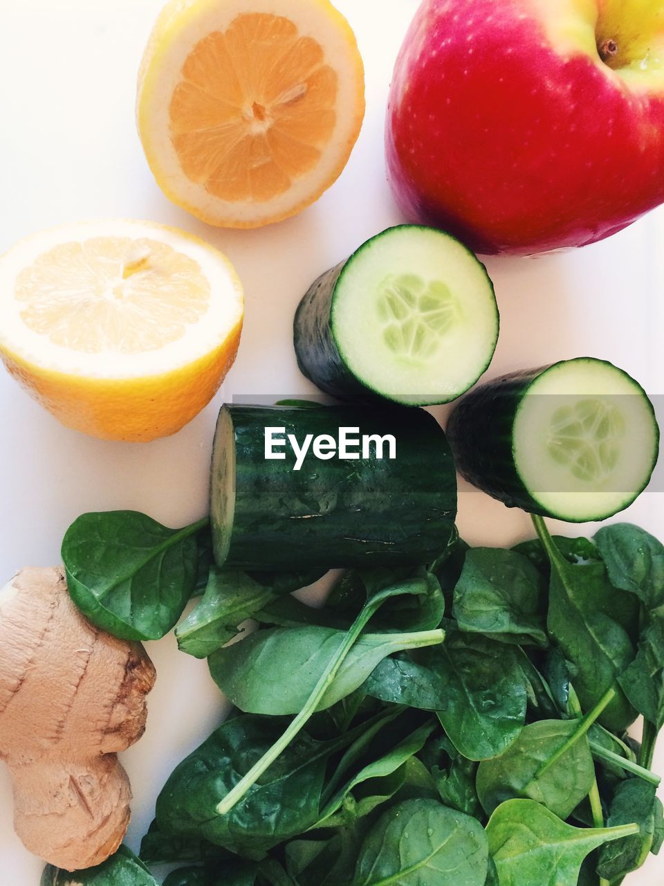 High angle view of fresh fruits and vegetables on table