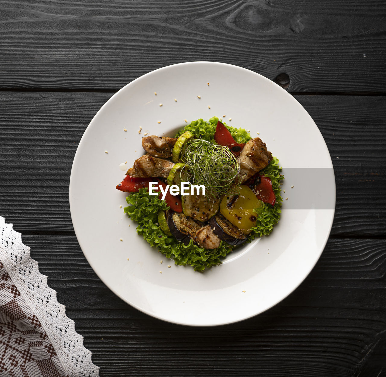 high angle view of food served in plate on table