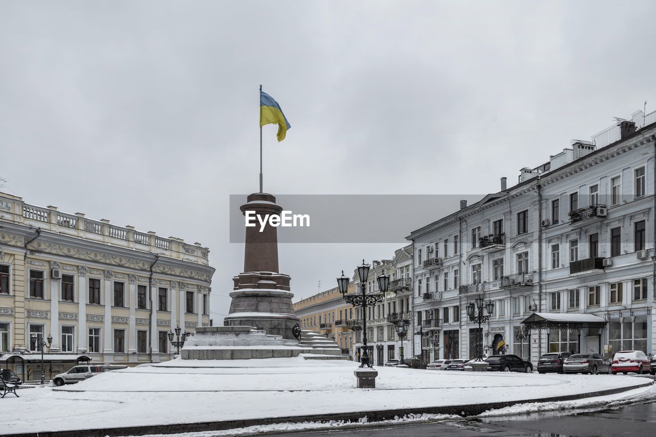 Catherine the great monument pedestal in odessa, ukraine, on a gloomy winter day