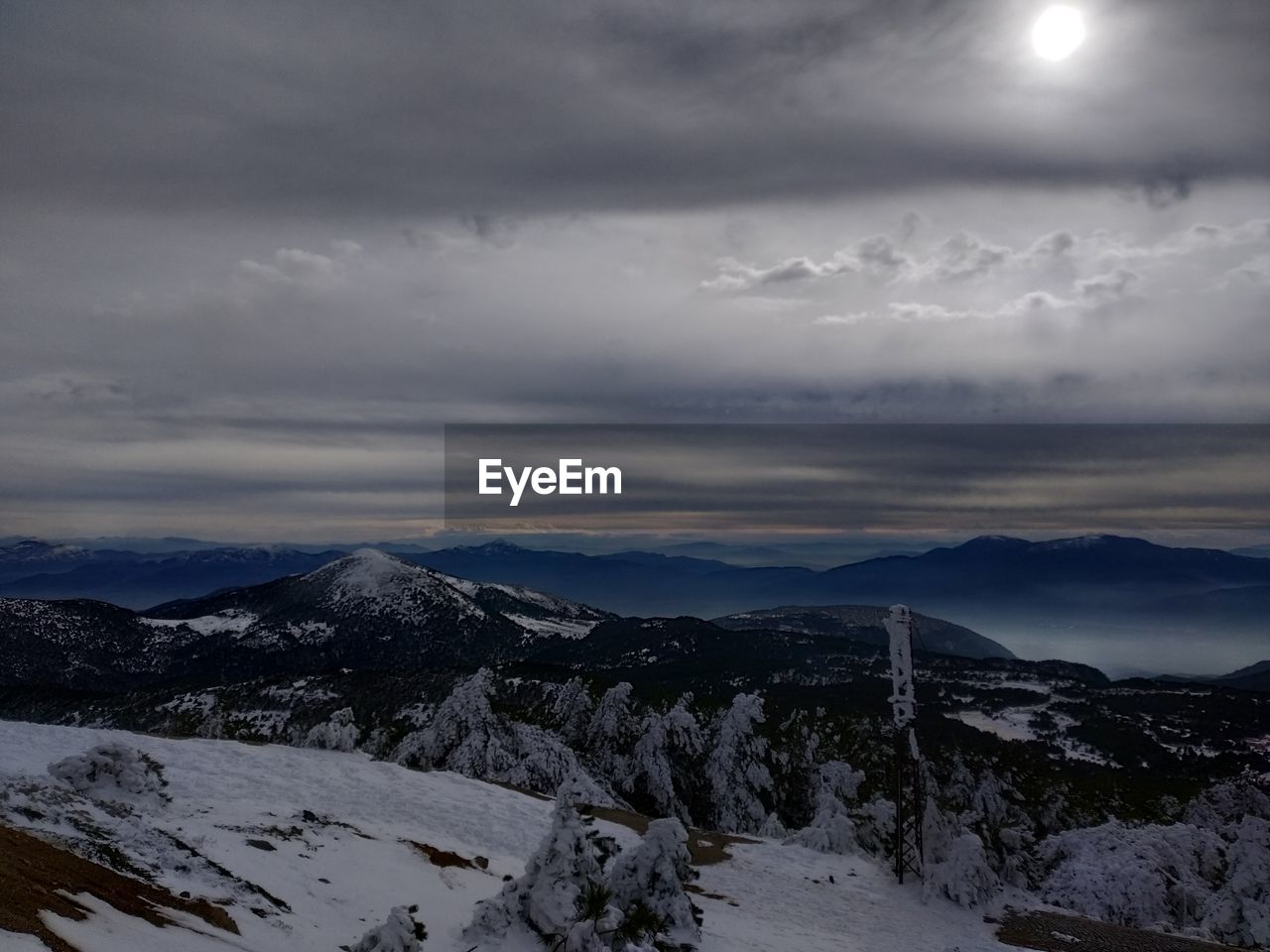 Scenic view of snow covered mountains against sky