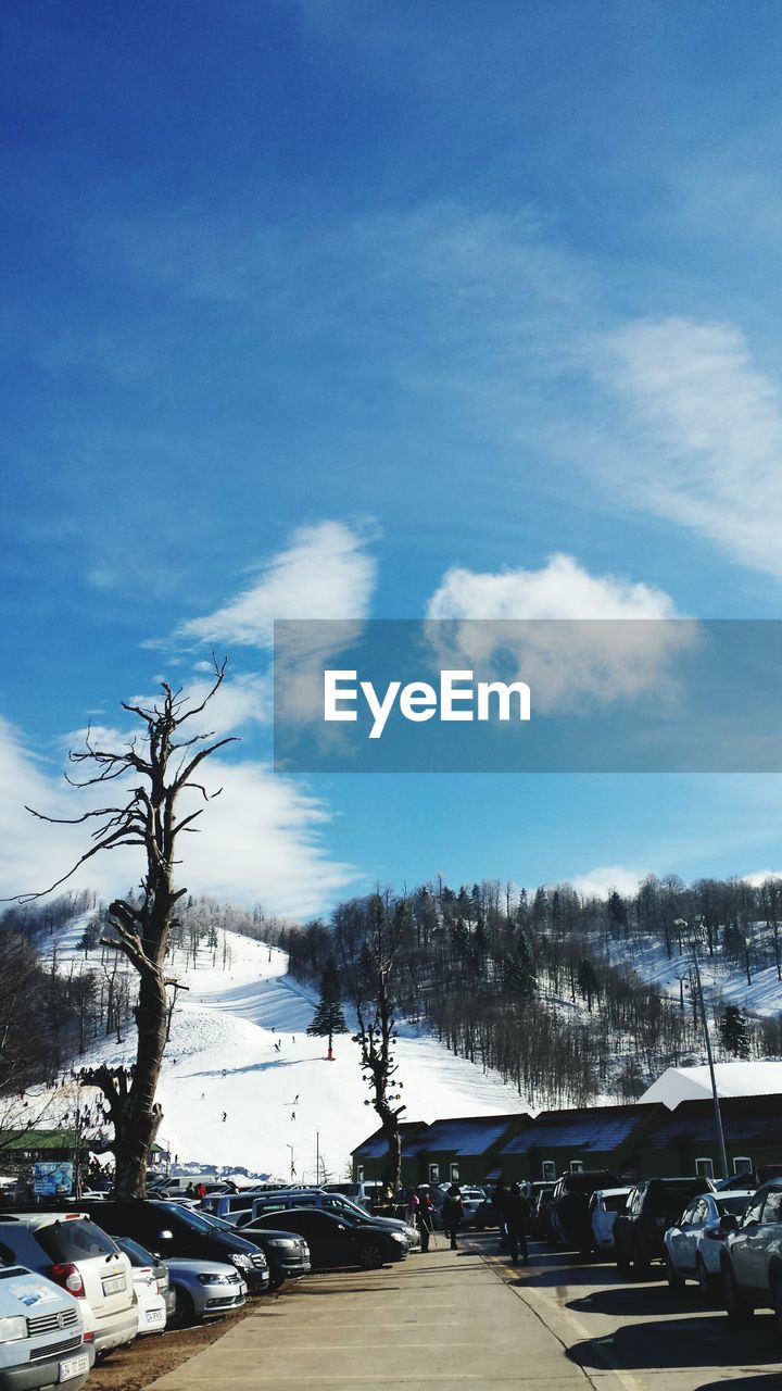 Cars parked on street by snow covered mountain against sky