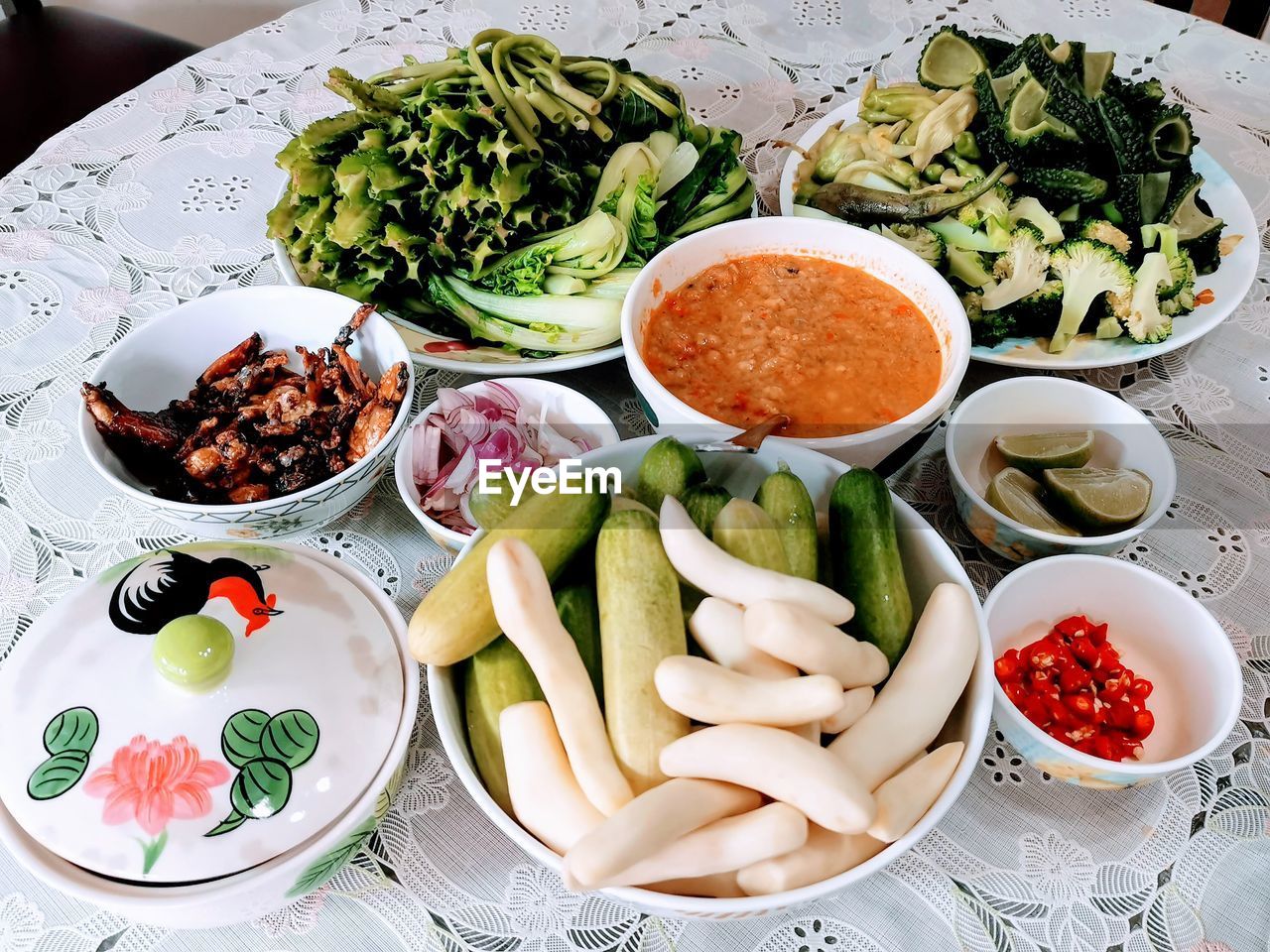 High angle view of chopped vegetables in bowl on table